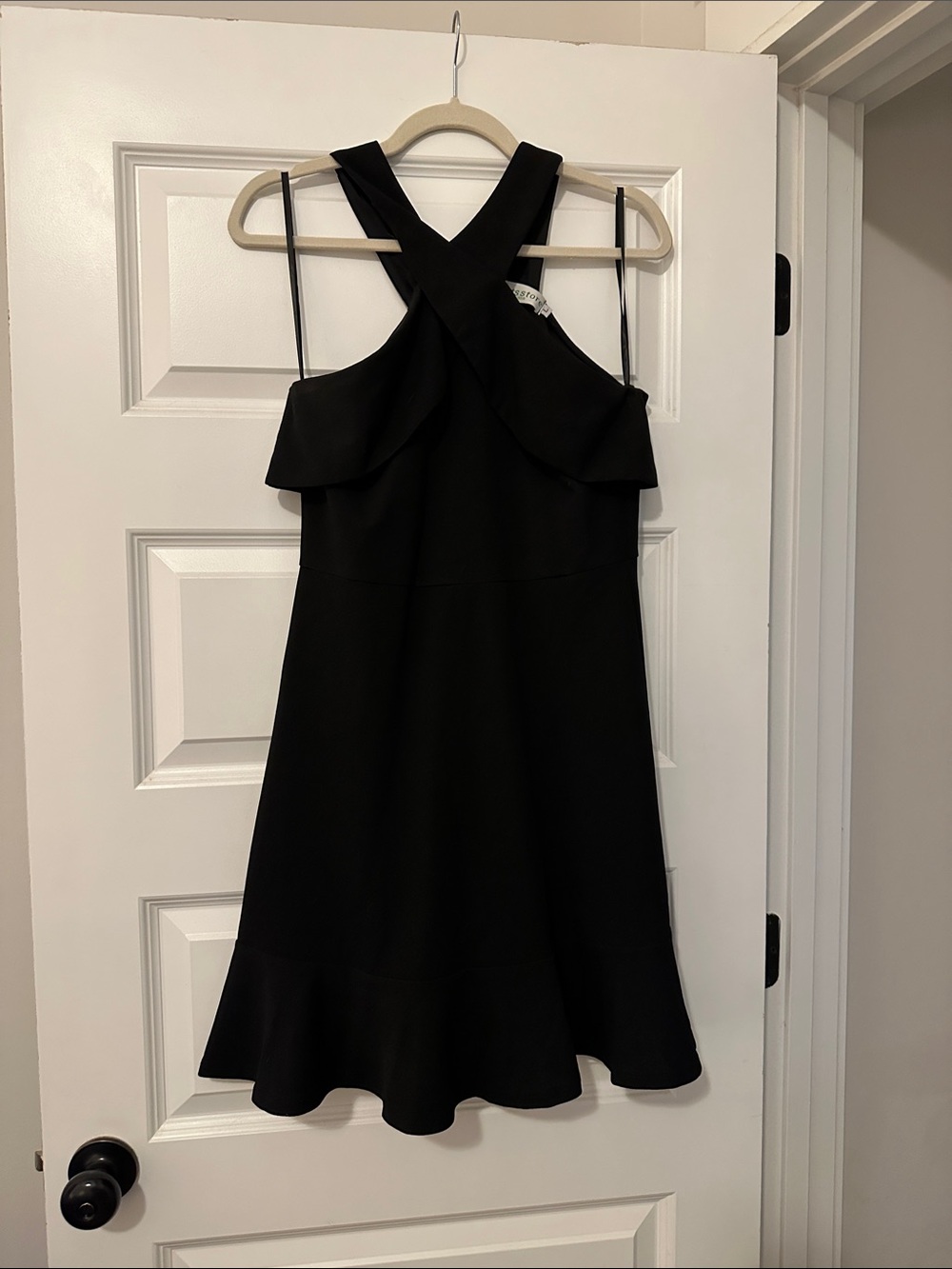 Cross-Back Ruffle Hem Midi Dress in Black